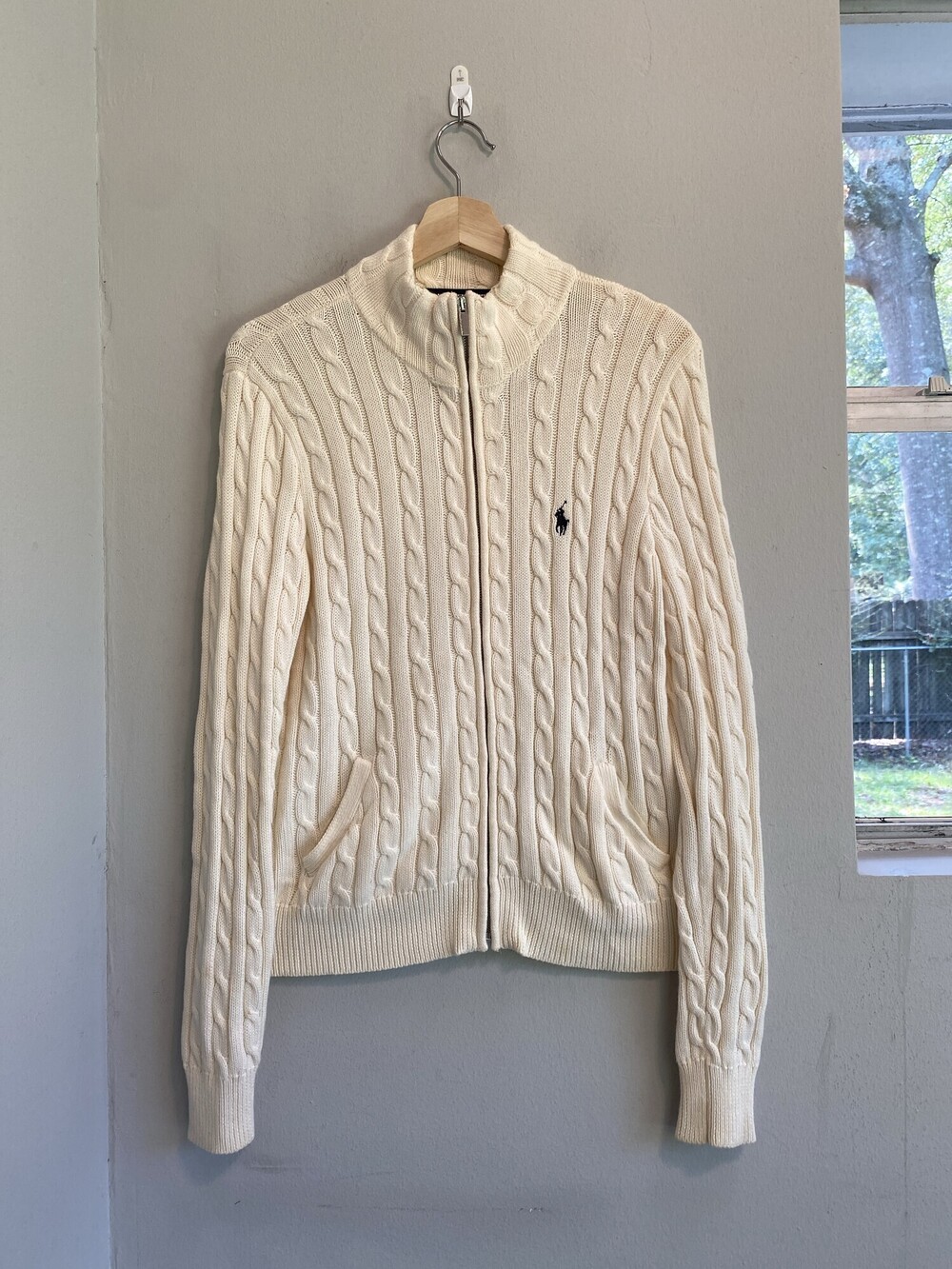 Ralph Lauren Sport Women's Cream Cable Knit Full Zip Cotton Sweater L